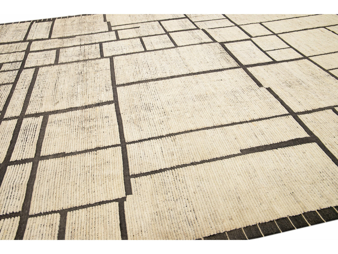 Modern Moroccan Style Beige Handmade Minimal Boho Oversize Wool Rug