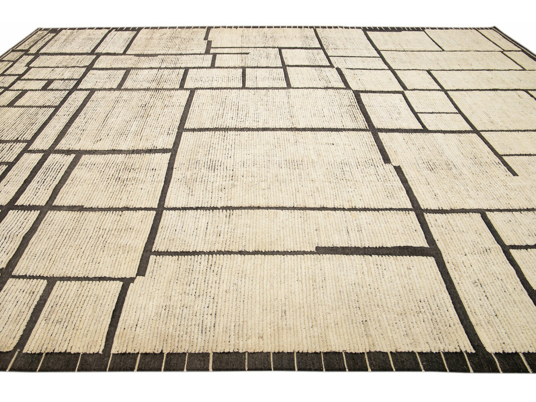 Modern Moroccan Style Beige Handmade Minimal Boho Oversize Wool Rug