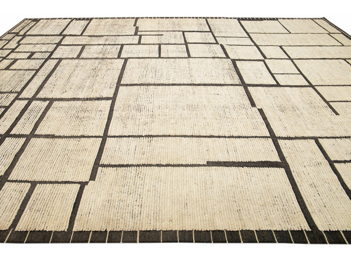 Modern Moroccan Style Beige Handmade Minimal Boho Oversize Wool Rug