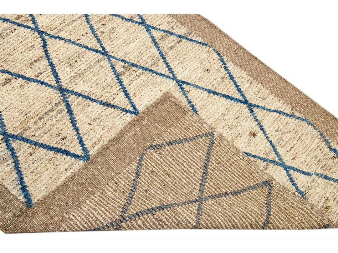 Modern Moroccan Style Handmade Geometric Pattern Beige and Blue Wool Wide Runner
