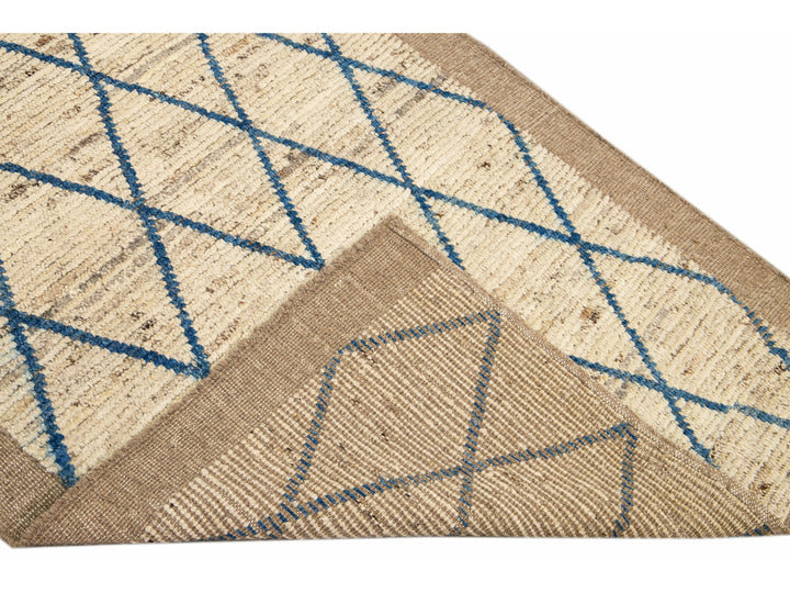 Modern Moroccan Style Handmade Geometric Pattern Beige and Blue Wool Wide Runner