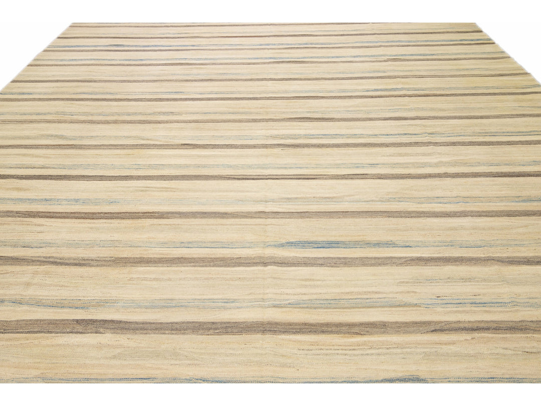 Beige Modern Kilim Handmade Striped Pattern Flatweave Wool Rug