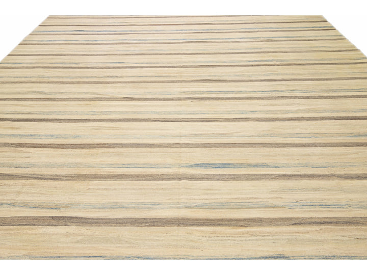 Beige Modern Kilim Handmade Striped Pattern Flatweave Wool Rug