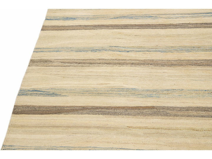 Beige Modern Kilim Handmade Striped Pattern Flatweave Wool Rug