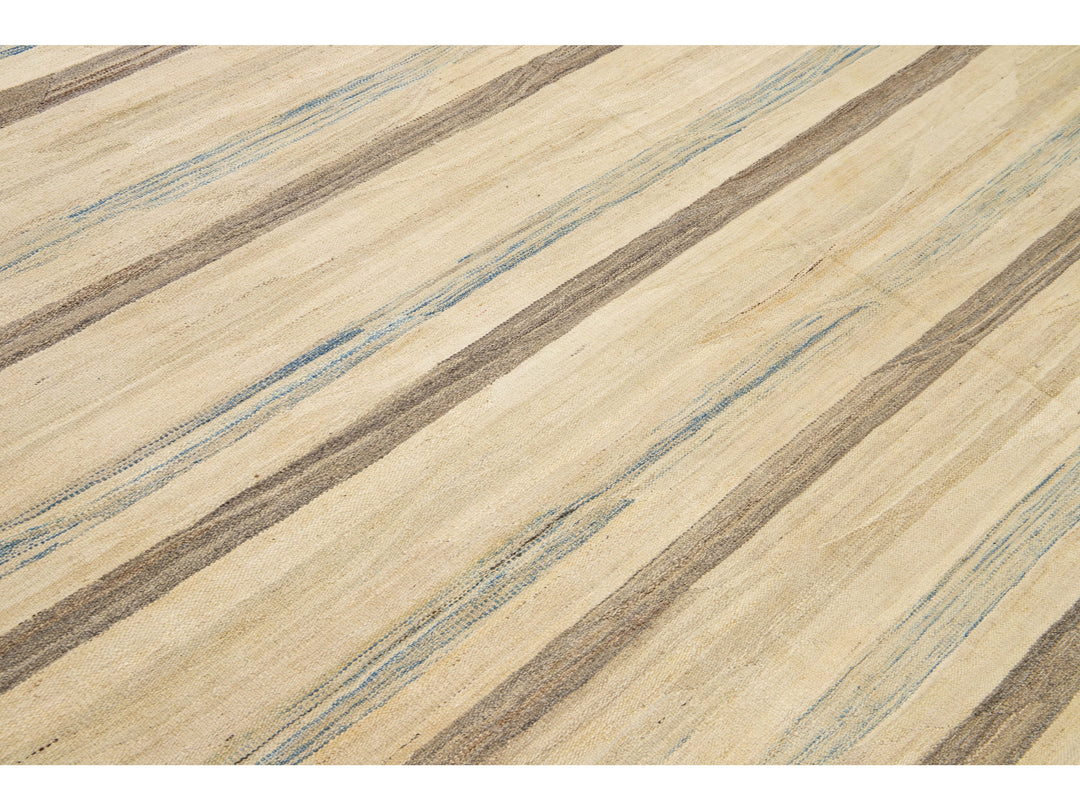 Beige Modern Kilim Handmade Striped Pattern Flatweave Wool Rug