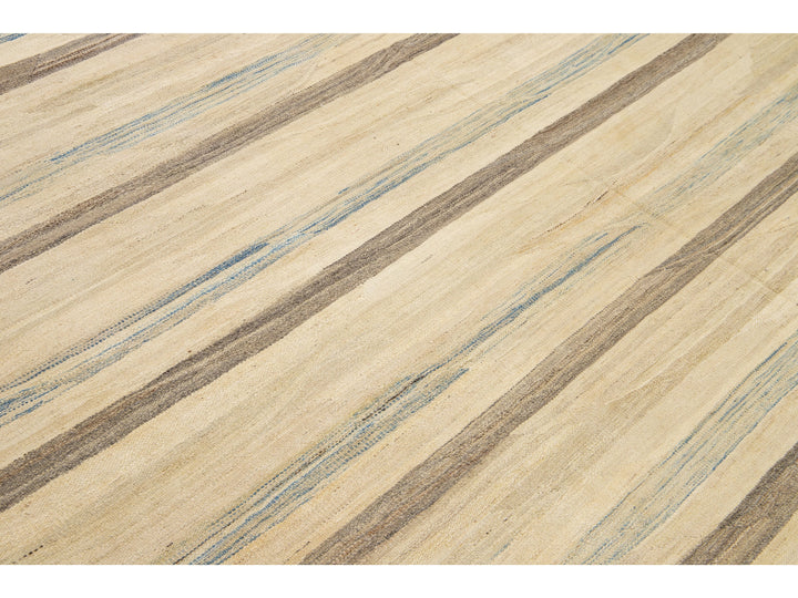 Beige Modern Kilim Handmade Striped Pattern Flatweave Wool Rug