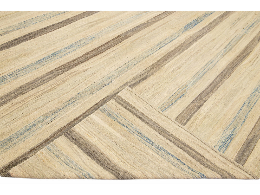 Beige Modern Kilim Handmade Striped Pattern Flatweave Wool Rug