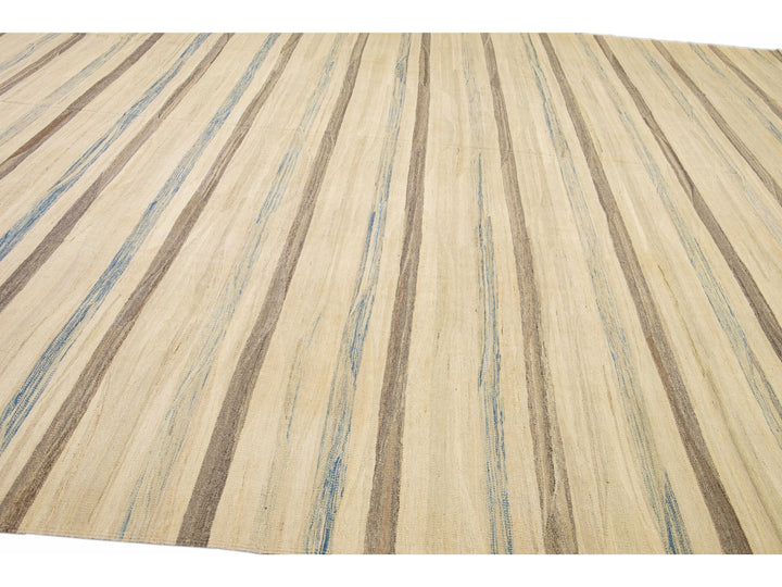 Beige Modern Kilim Handmade Striped Pattern Flatweave Wool Rug