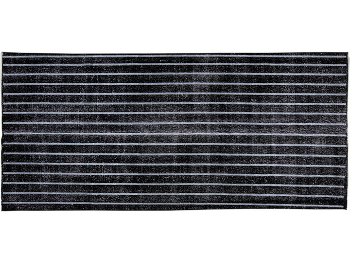 Black Modern Turkish Handmade Striped Motif Wool Gallery Rug