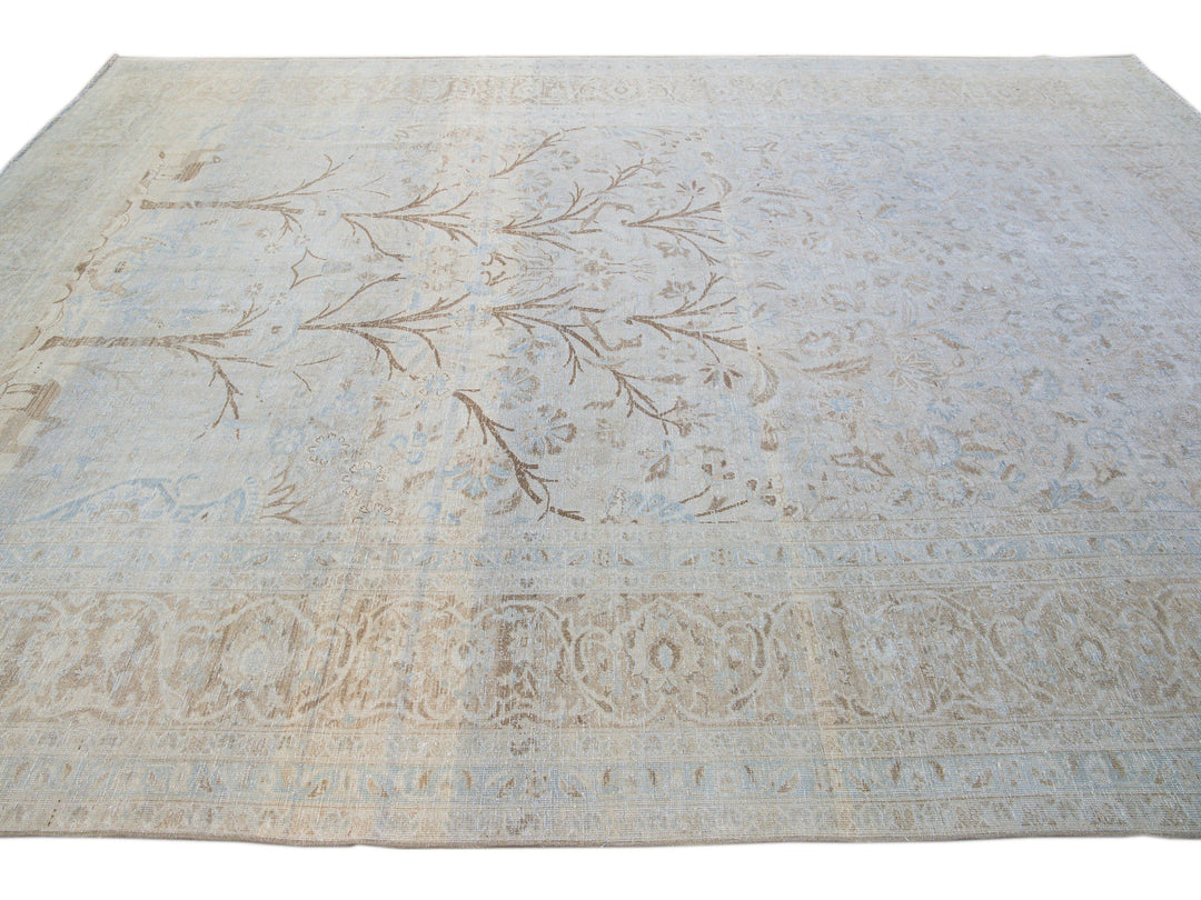Antique Tabriz Handmade Botanical Designed Blue Wool Rug
