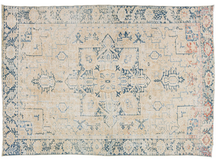 Beige Antique Persian Heriz Shabby Chic Handmade Wool Rug