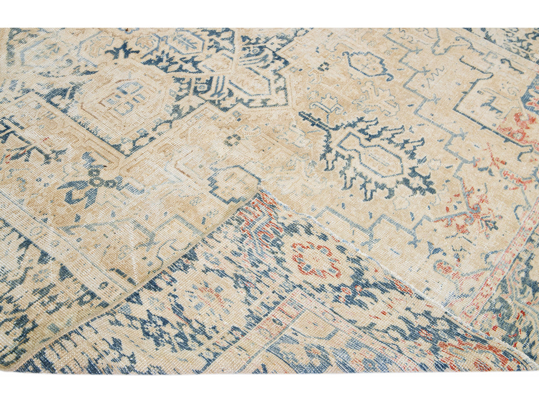 Beige Antique Persian Heriz Shabby Chic Handmade Wool Rug