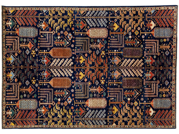 Modern Bidjar Style Navy Blue Handmade Geometric Designed Wool Rug