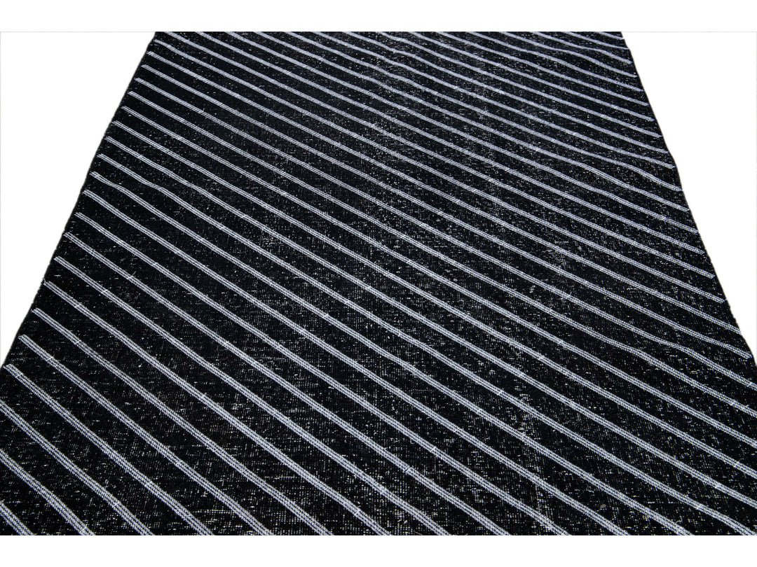 Modern Turkish Handmade Diagonal Line Pattern Black Gallery Wool Rug