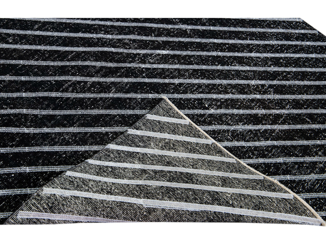 Modern Turkish Handmade Diagonal Line Pattern Black Gallery Wool Rug