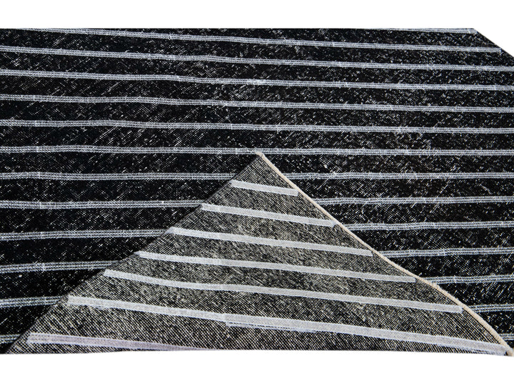 Modern Turkish Handmade Diagonal Line Pattern Black Gallery Wool Rug