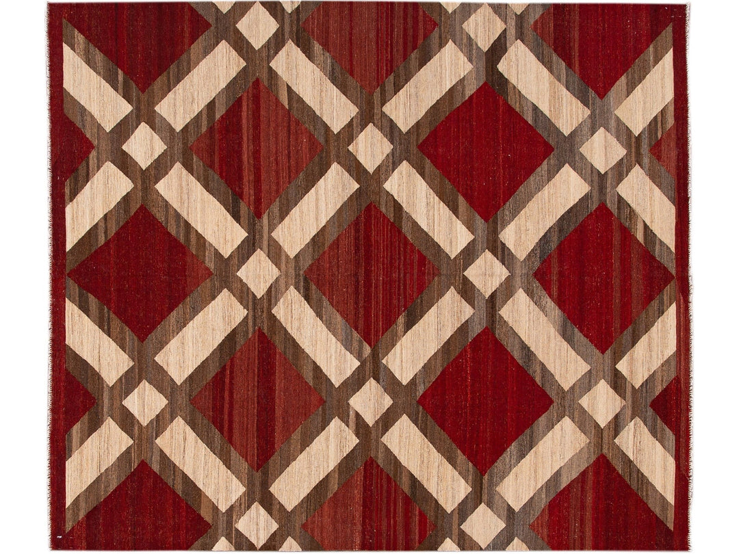 Modern Kilim Flatweave Red and Beige Geometric Wool Rug
