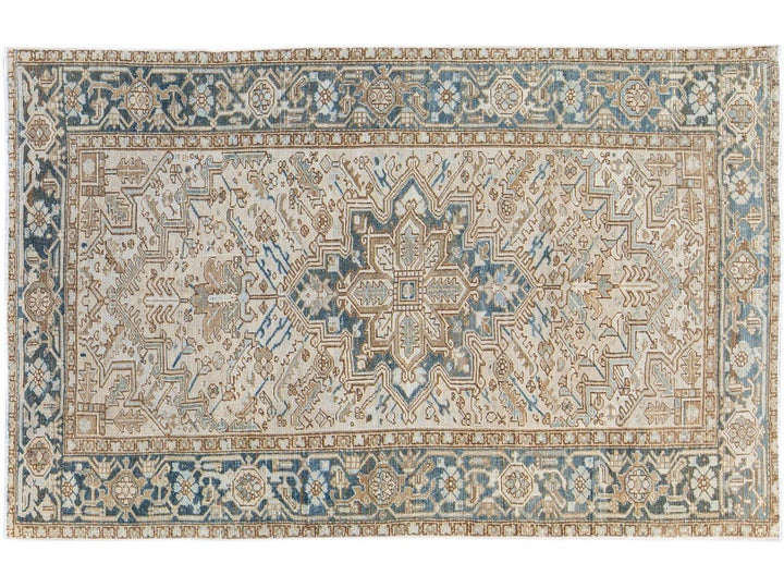 Antique Persian Heriz Handmade Geometric Medallion Beige Wool Rug