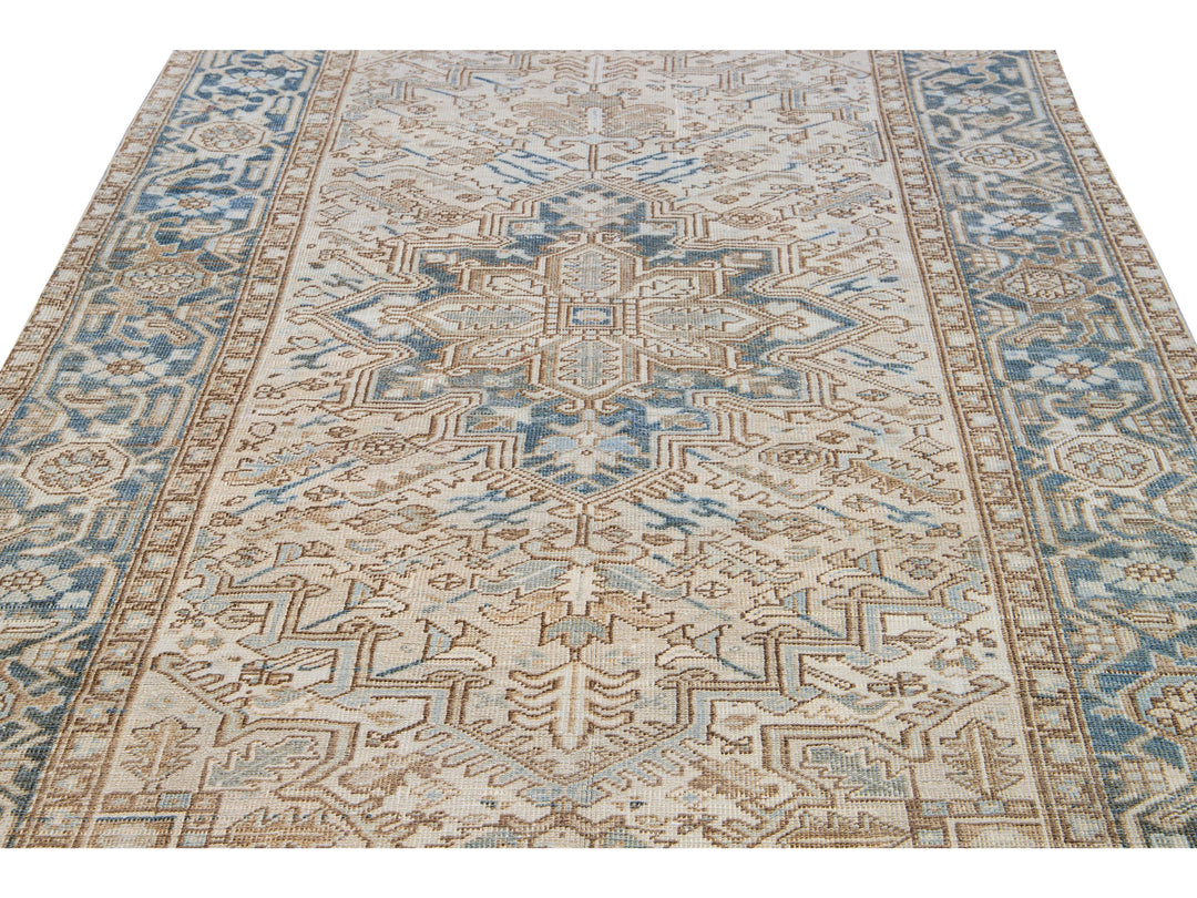 Antique Persian Heriz Handmade Geometric Medallion Beige Wool Rug