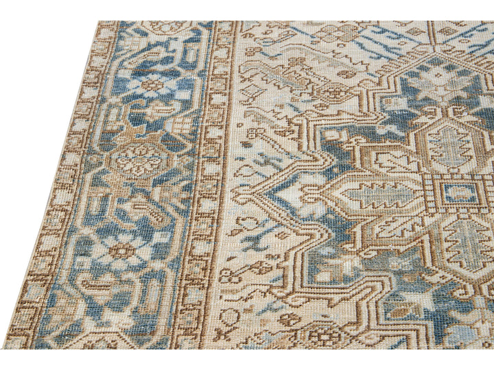 Antique Persian Heriz Handmade Geometric Medallion Beige Wool Rug