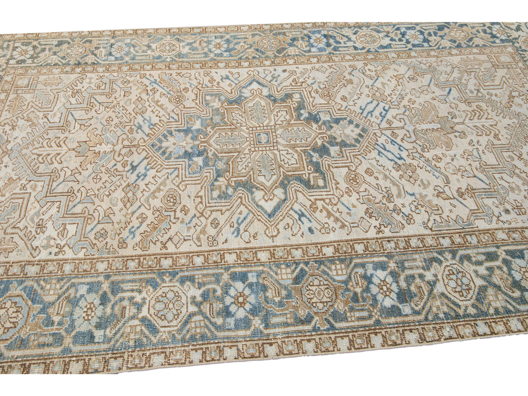 Antique Persian Heriz Handmade Geometric Medallion Beige Wool Rug