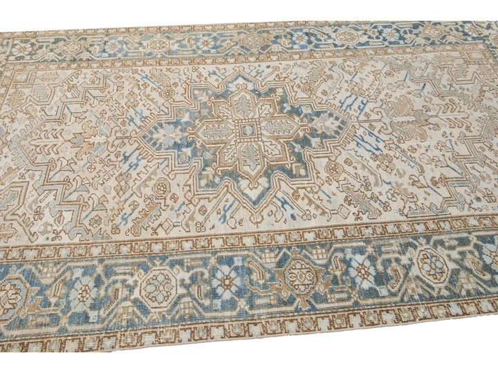Antique Persian Heriz Handmade Geometric Medallion Beige Wool Rug