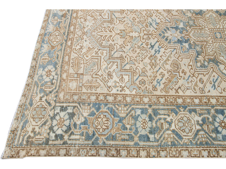 Antique Persian Heriz Handmade Geometric Medallion Beige Wool Rug