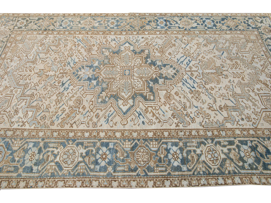 Antique Persian Heriz Handmade Geometric Medallion Beige Wool Rug