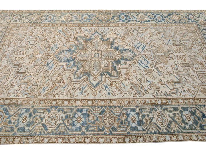 Antique Persian Heriz Handmade Geometric Medallion Beige Wool Rug