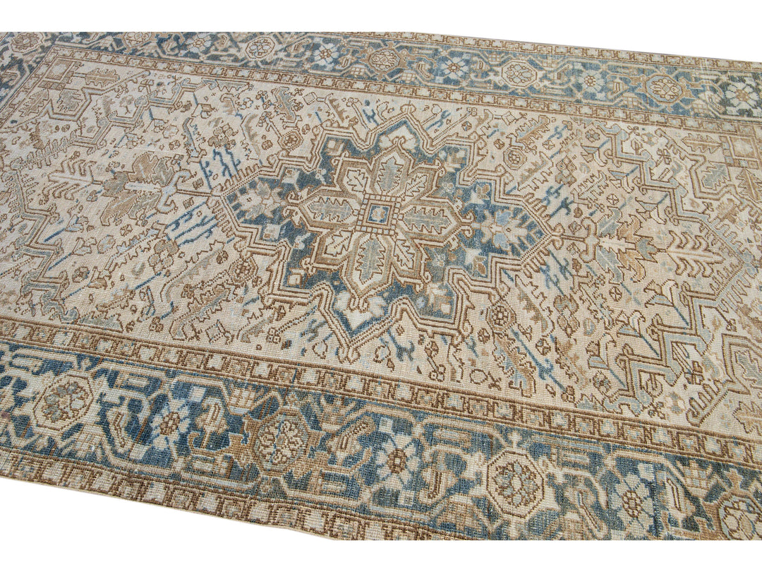 Antique Persian Heriz Handmade Geometric Medallion Beige Wool Rug