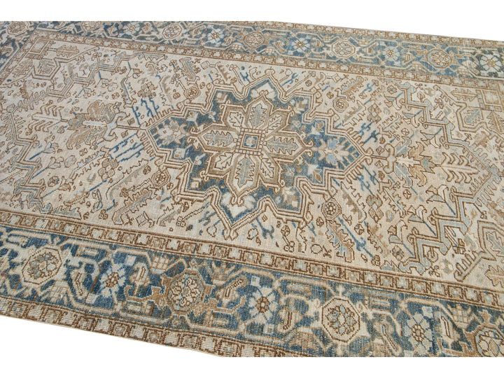 Antique Persian Heriz Handmade Geometric Medallion Beige Wool Rug