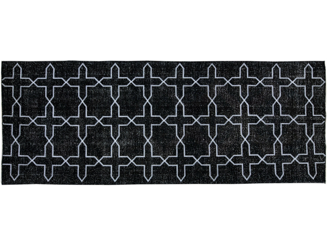 Modern Black Turkish Handmade Geometric Pattern Wool Gallery Rug