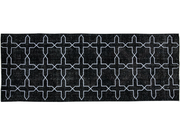 Modern Black Turkish Handmade Geometric Pattern Wool Gallery Rug