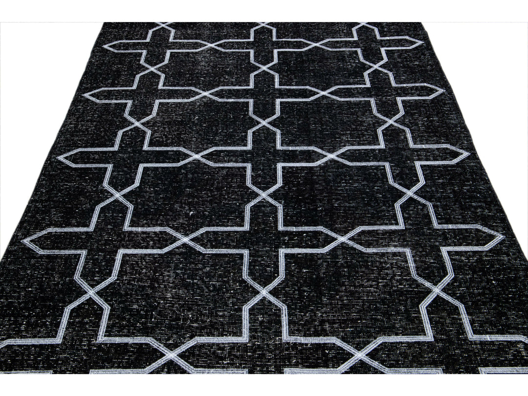 Modern Black Turkish Handmade Geometric Pattern Wool Gallery Rug