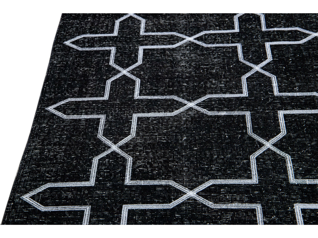 Modern Black Turkish Handmade Geometric Pattern Wool Gallery Rug