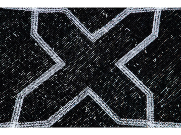 Modern Black Turkish Handmade Geometric Pattern Wool Gallery Rug
