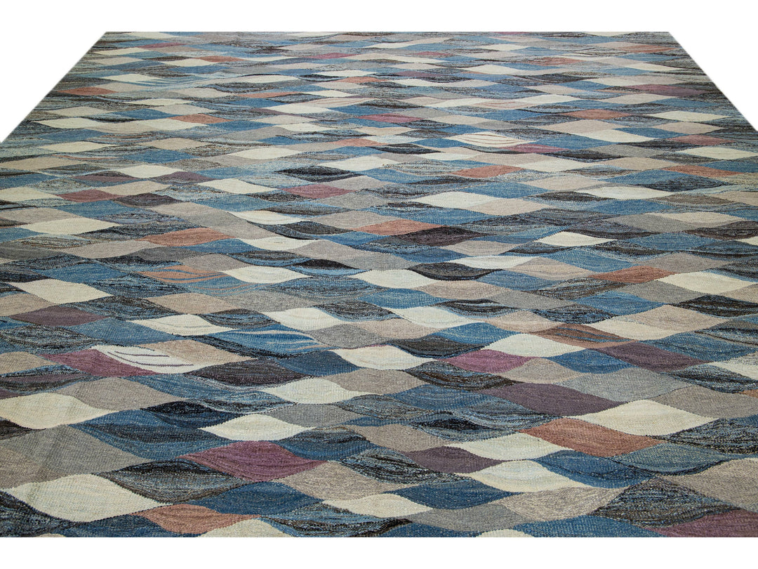 Modern Abstract Blue Flat-Weave Oversize Wool Rug