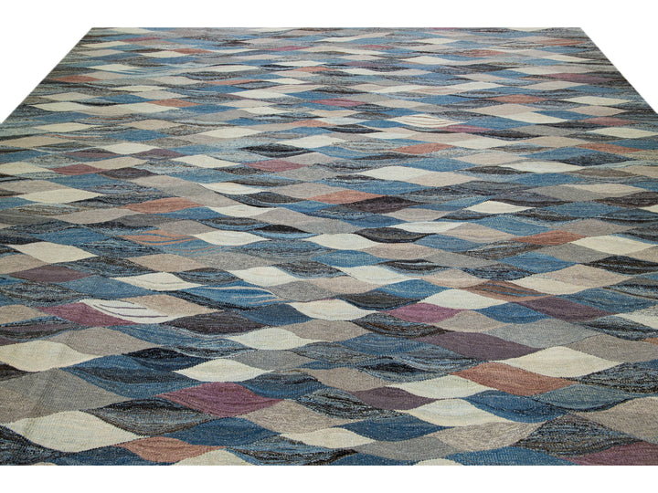 Modern Abstract Blue Flat-Weave Oversize Wool Rug