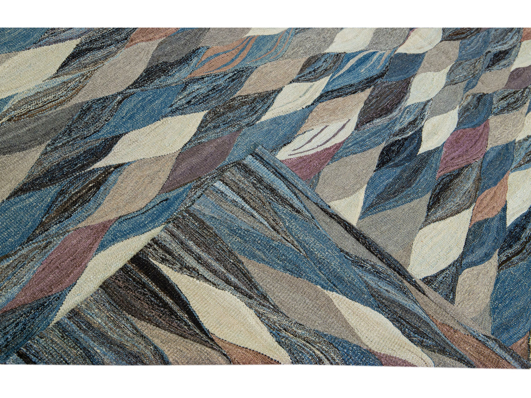 Modern Abstract Blue Flat-Weave Oversize Wool Rug
