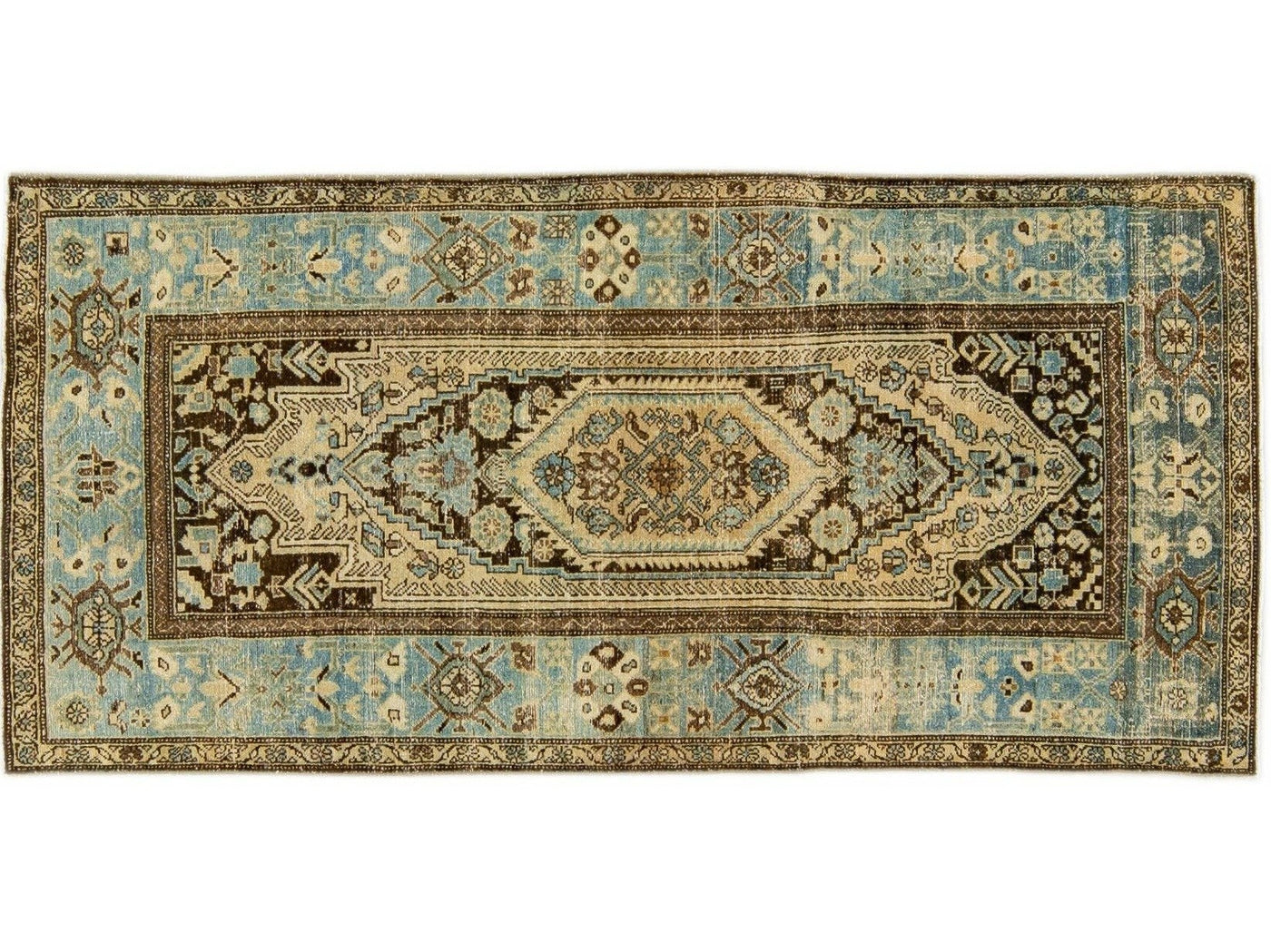 Antique Malayer Handmade Allover Designed Beige And Blue Wool Rug