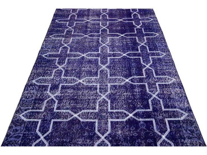 Modern Blue Turkish Handmade Geometric Pattern Wool Gallery Rug