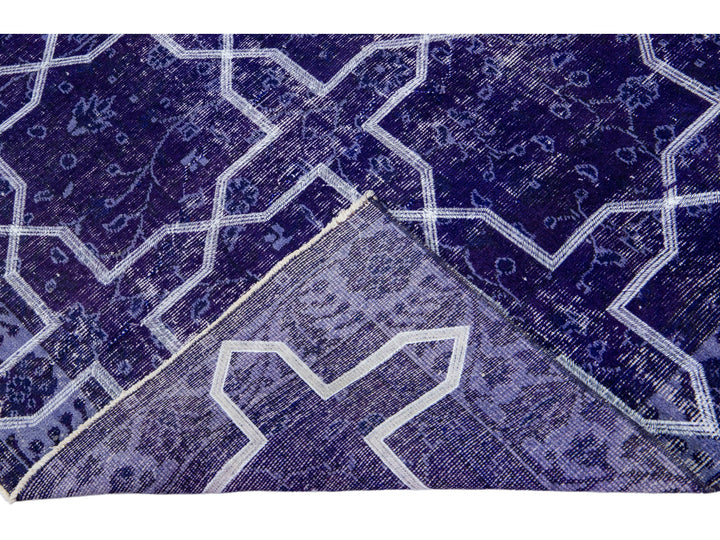 Modern Blue Turkish Handmade Geometric Pattern Wool Gallery Rug