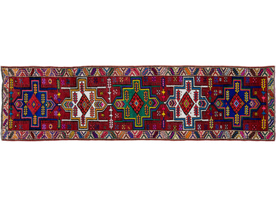 Red Vintage Turkish Handmade Multicolor Tribal Pattern Wool Runner