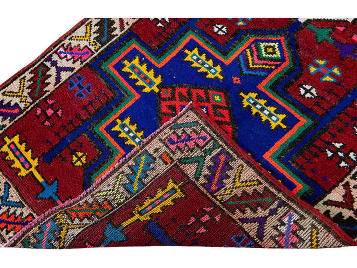 Red Vintage Turkish Handmade Multicolor Tribal Pattern Wool Runner
