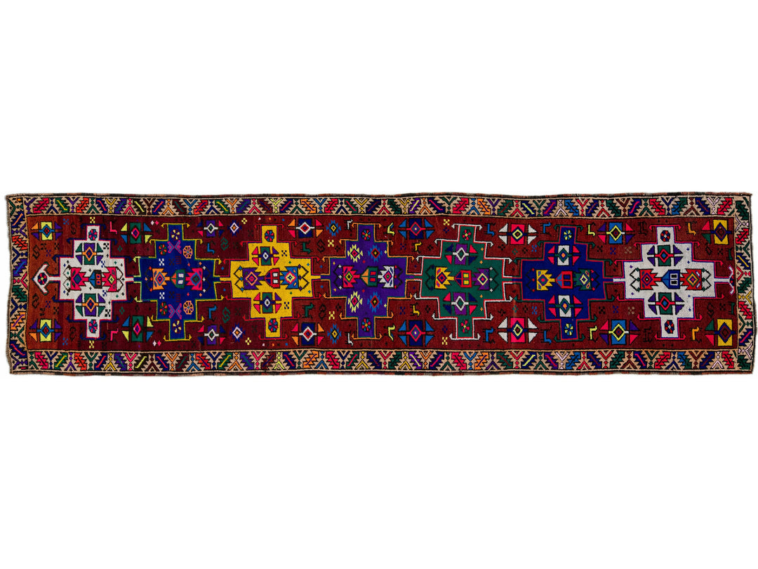Vintage Turkish Handmade Multicolor Tribal Pattern Burgundy Wool Runner