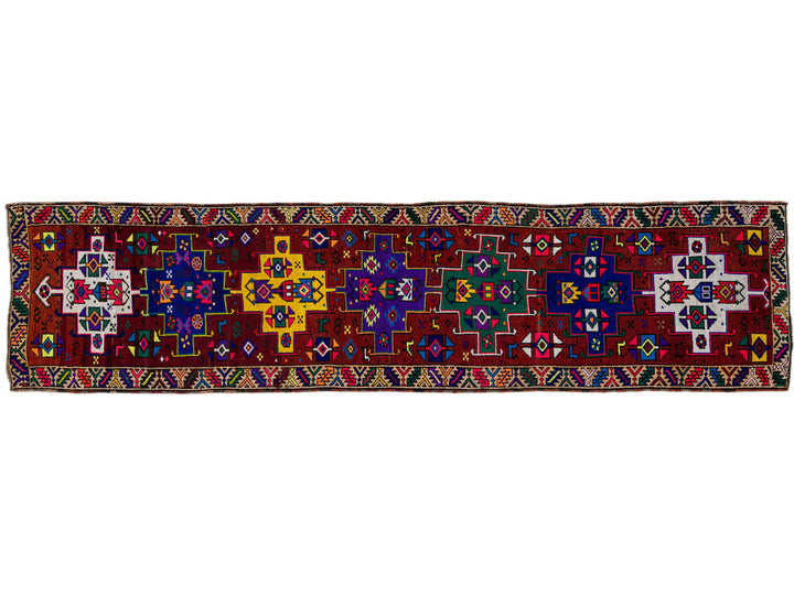 Vintage Turkish Handmade Multicolor Tribal Pattern Burgundy Wool Runner