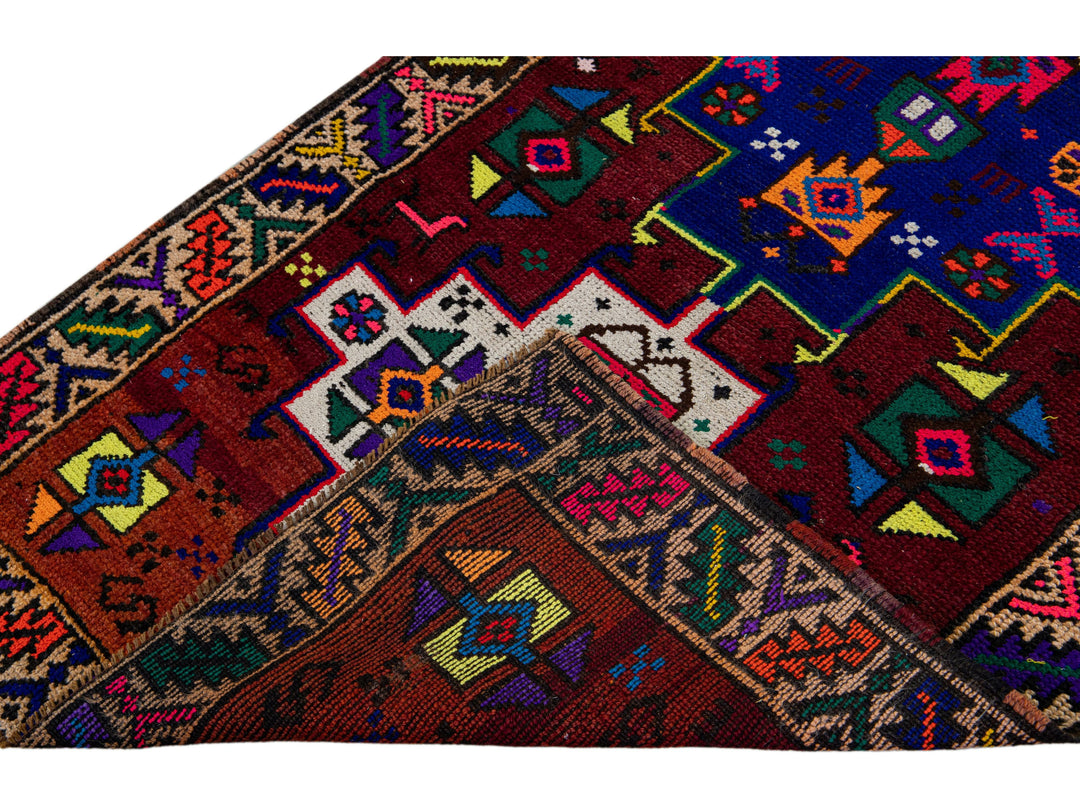 Vintage Turkish Handmade Multicolor Tribal Pattern Burgundy Wool Runner