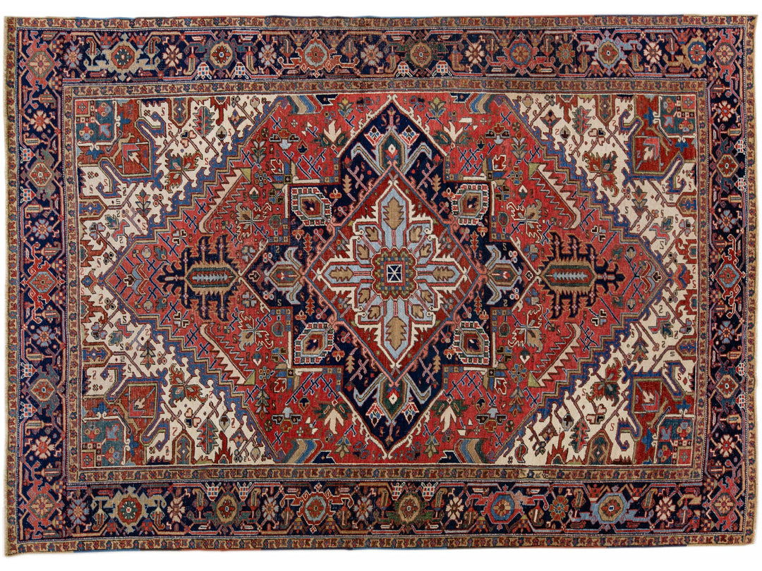 Antique Persian Heriz Handmade Medallion Motif Wool Rug