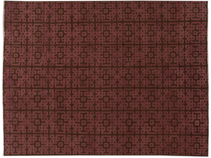Modern Kilim Handmade Maroon and Brown Geometric Pattern Wool Rug