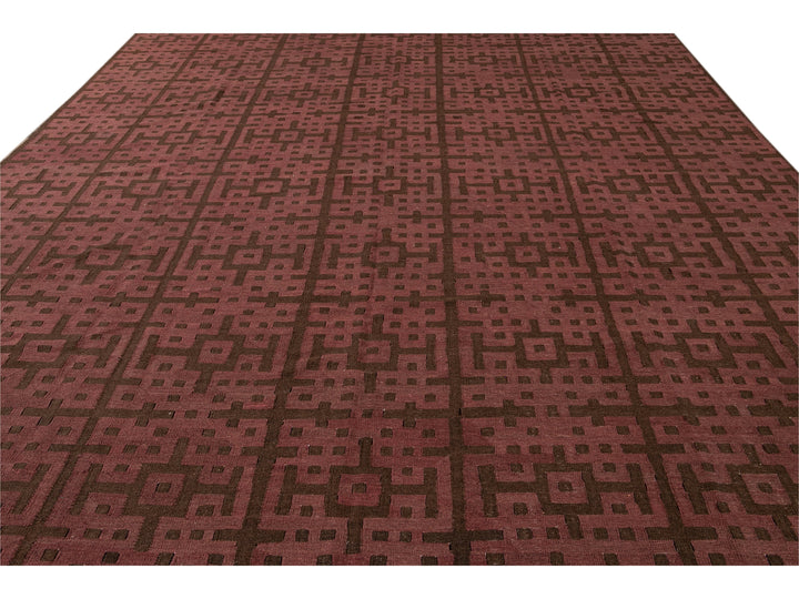 Modern Kilim Handmade Maroon and Brown Geometric Pattern Wool Rug